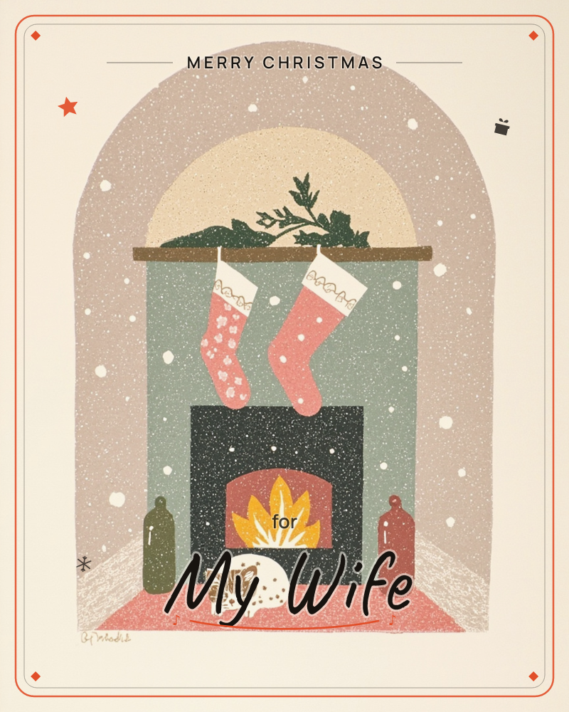 A textured, speckled illustration of a fireplace glowing with orange flame, its mantel draped with holly and two pink stockings trimmed in white lace, a christmas e-card design