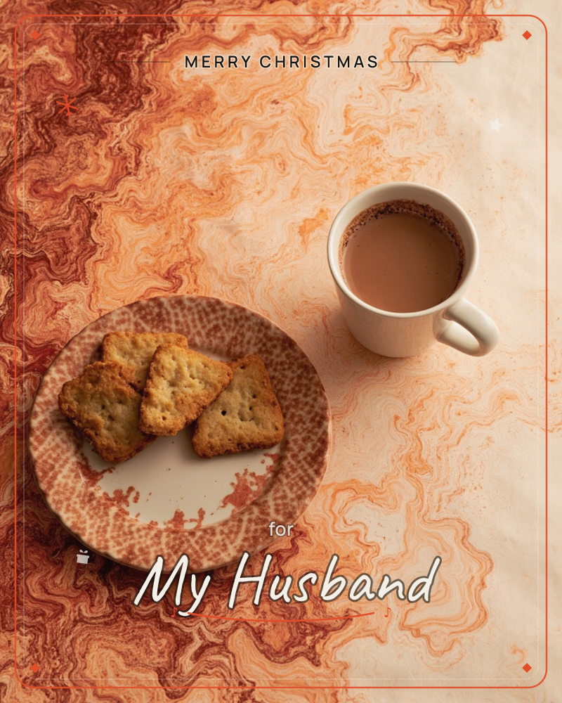 A plate of triangular biscuits sits beside a cream mug of milky tea, both photographed from above on a marbled swirl of rust, amber and cream tones, a christmas e-card design