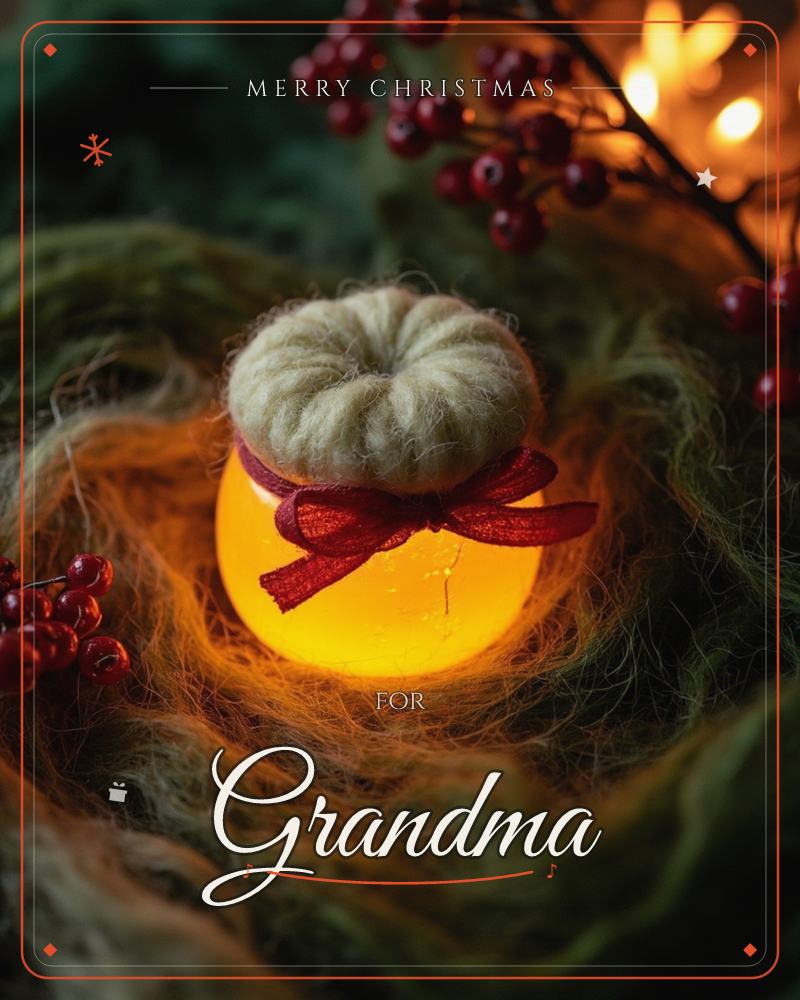 A small glowing jar, tied with a red ribbon bow and topped with a knitted pumpkin-shaped lid, sits nestled in a swirl of mossy green fibres, a christmas e-card design