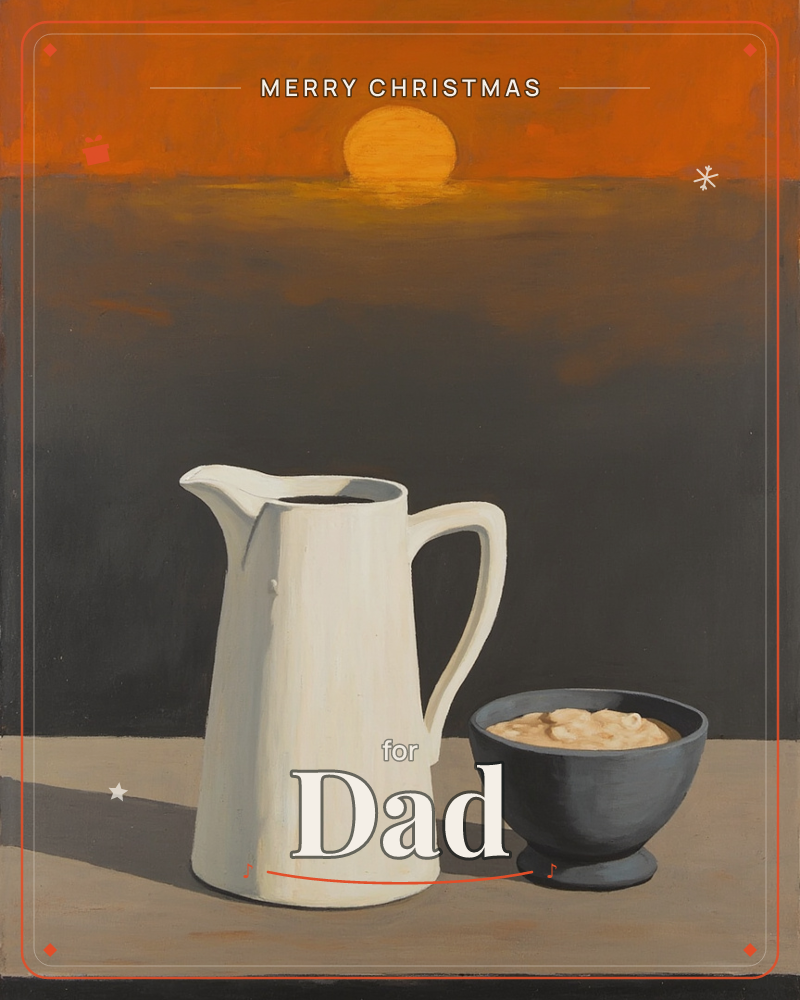 A white ceramic pitcher and a dark bowl filled with porridge sit on a plain tabletop, set against a glowing orange sunset with a pale sun hanging low…, a christmas e-card design