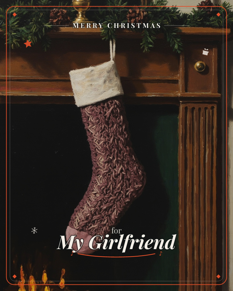 A knitted burgundy stocking with a cream cuff hangs from a wooden mantel, its dark toe catching firelight from below, a christmas e-card design
