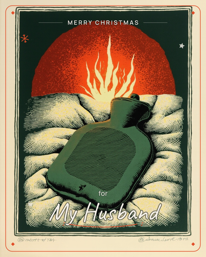 A green hot-water bottle rests atop a rumpled, cross-hatched heap of white bedding, framed against a dark background where a fiery red sun rises with…, a christmas e-card design