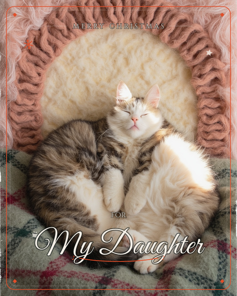 A tabby-and-white cat curls into a tight, sleepy circle inside a knitted pink and cream basket, resting on a soft green plaid blanket, a christmas e-card design