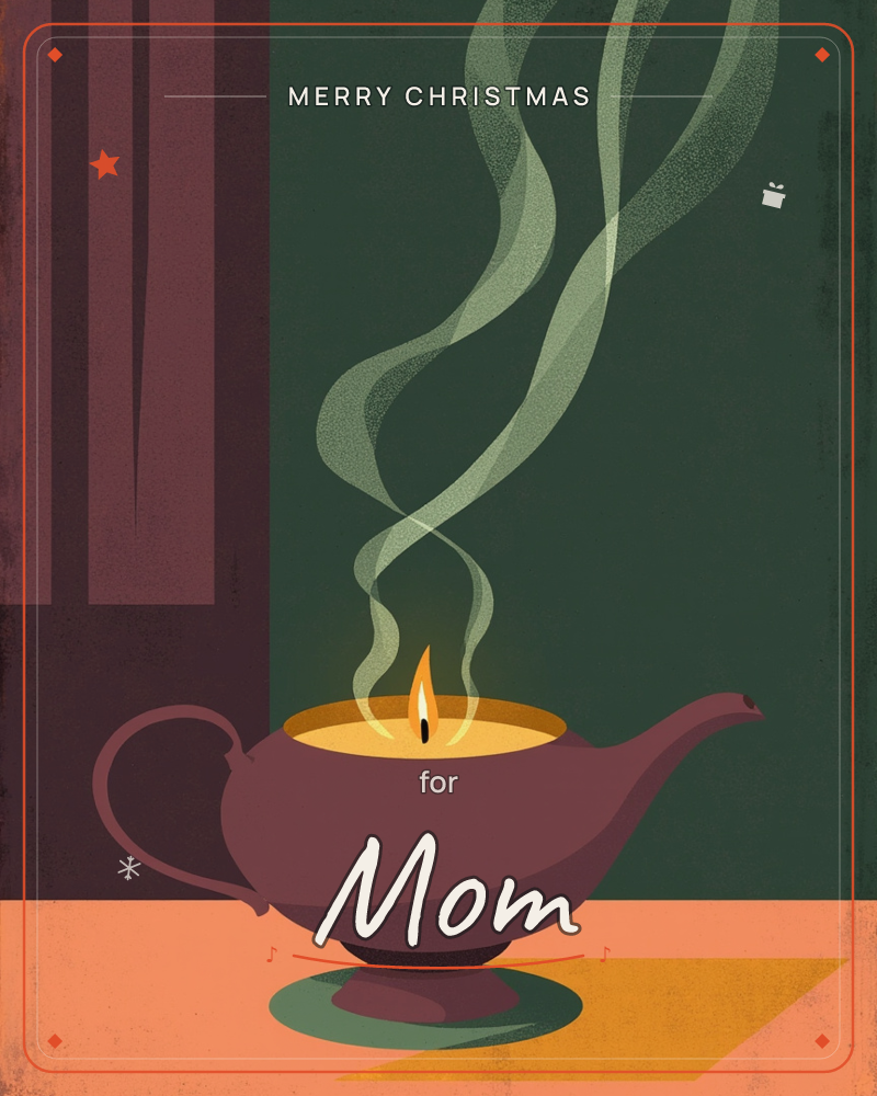 A squat, teapot-shaped oil lamp sits lit on a warm peach floor against a deep forest-green wall and a maroon curtain, a christmas e-card design