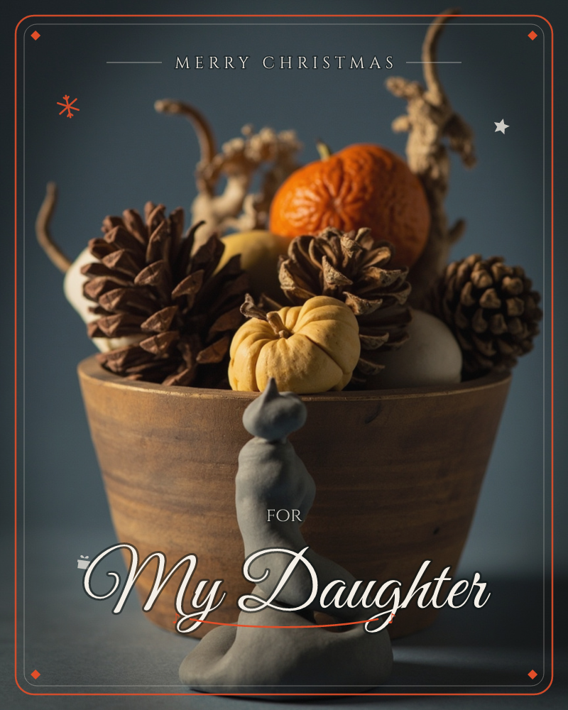 A wooden bowl brims with pinecones, small pale gourds and a single deep-orange pumpkin, their curling dried stems reaching upward like little branches, a christmas e-card design