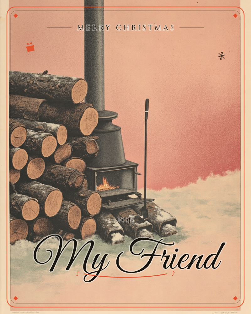 A stack of freshly cut logs is piled beside a small black woodstove, its little door open to show a glowing fire inside, a christmas e-card design