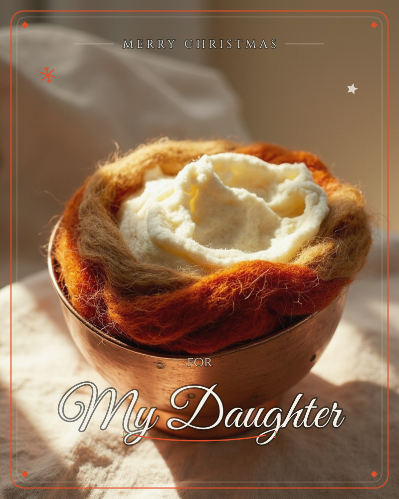 A copper bowl cradles a swirl of felted wool in cream, rust and amber, arranged to look like a soft nest or a dollop of whipped cream, a christmas e-card design