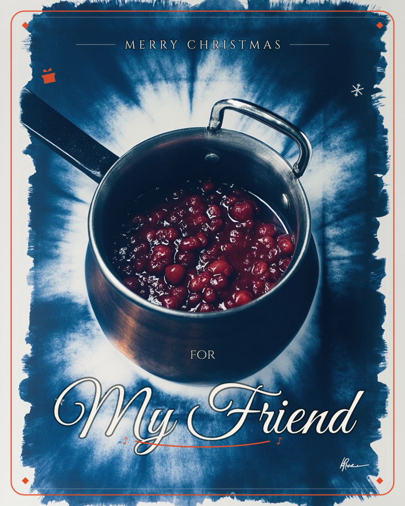 A copper saucepan filled with simmering cranberries sits centre-frame, photographed from above and printed over a deep indigo cyanotype wash with soft…, a christmas e-card design