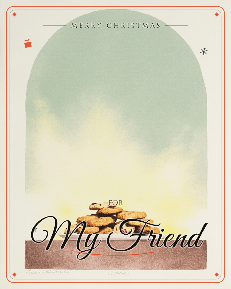 A tall arched niche glows sage green fading into warm yellow light, framing a white plate piled high with fresh-baked cookies studded with dried fruit, a christmas e-card design