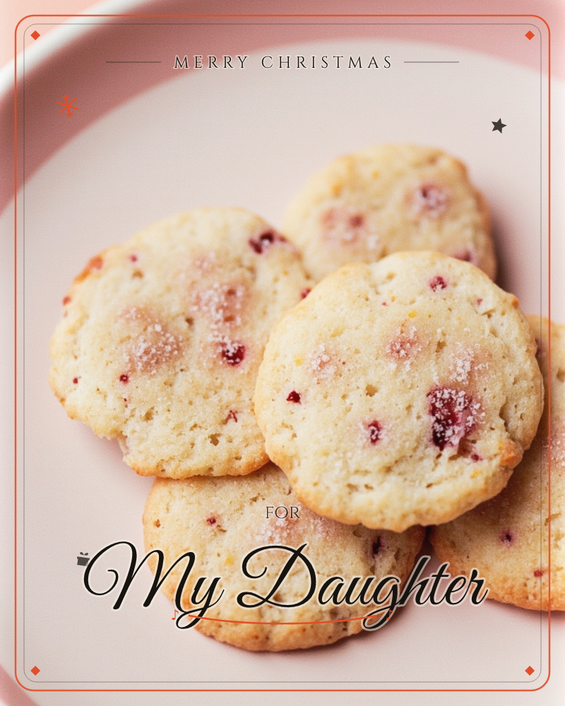 A close-up plate piled with soft golden cookies flecked with bits of red berry and a dusting of sugar, a christmas e-card design