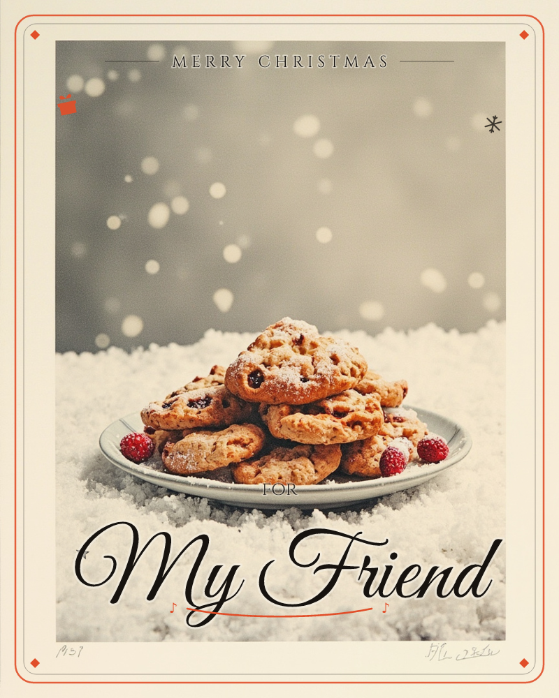 A plate piled high with sugar-dusted fruit cookies sits nestled in a drift of fresh snow, a few raspberries tucked at the edges, a christmas e-card design