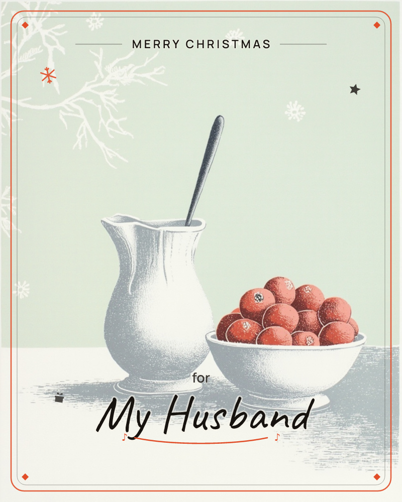 A white ceramic jug with a long spoon stands beside a bowl heaped with red berries, set on a pale sage tabletop against a matching backdrop scattered…, a christmas e-card design