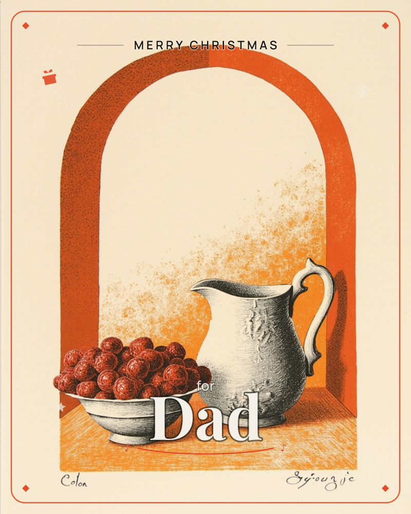 A still life sits inside a rust-orange archway, cream walls stippled with a soft airbrushed glow behind the objects, a christmas e-card design