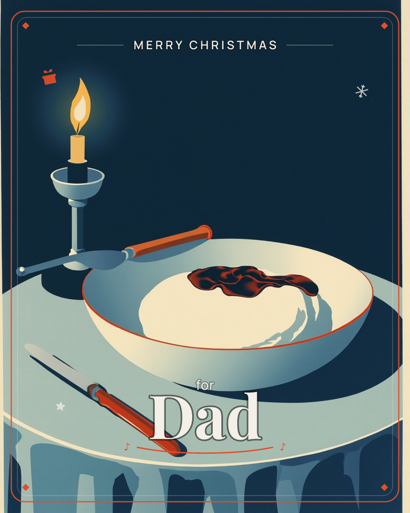 A single lit candle in a stemmed holder glows beside a wide bowl of pale porridge streaked with dark jam, set on a round table against a deep navy…, a christmas e-card design