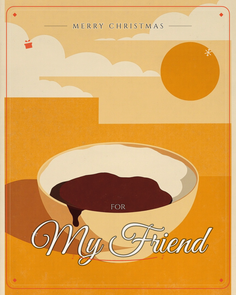 A flat illustration of a cream-coloured bowl filled with a thick dark brown stew or sauce, set against a warm amber sky with layered cream clouds and a…, a christmas e-card design