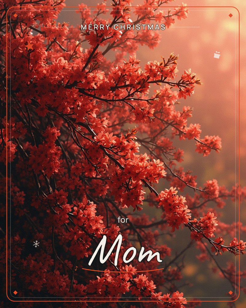 A branch heavy with red-pink blossoms stretches across the frame, dark twigs weaving through clusters of small flowers, a christmas e-card design