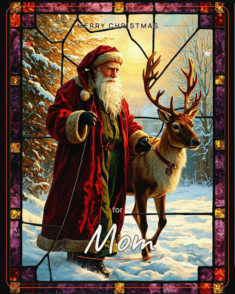 A stained-glass style panel shows Santa Claus in a fur-trimmed red coat and green robe, leading a large antlered reindeer by a harness through…, a christmas e-card design
