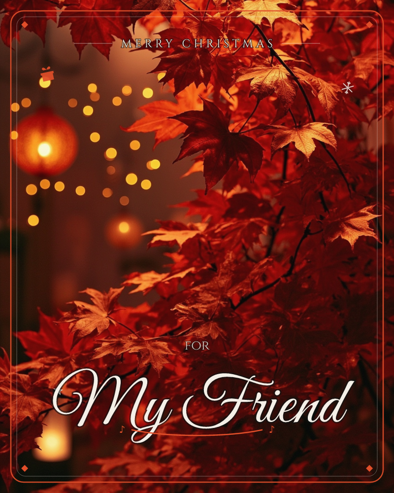 A cluster of maple leaves glows deep red and amber, lit from behind as if by lantern light, a christmas e-card design