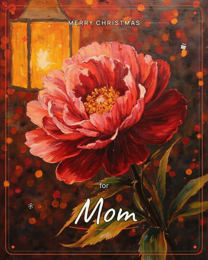 A large red and pink peony blooms against a dark backdrop scattered with warm glowing dots, a lit lantern glowing softly in the upper corner, a christmas e-card design