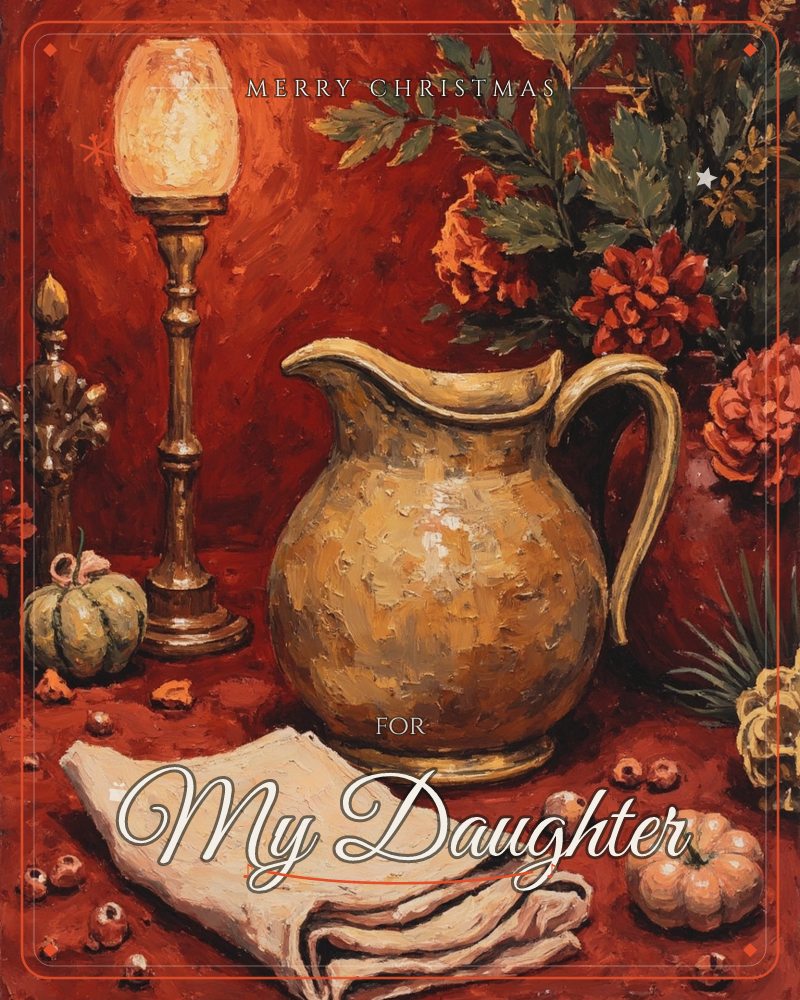 A rich autumn still life shows a golden ceramic pitcher on a deep red table beside a glowing candle lamp and a spray of rust-orange flowers, a christmas e-card design