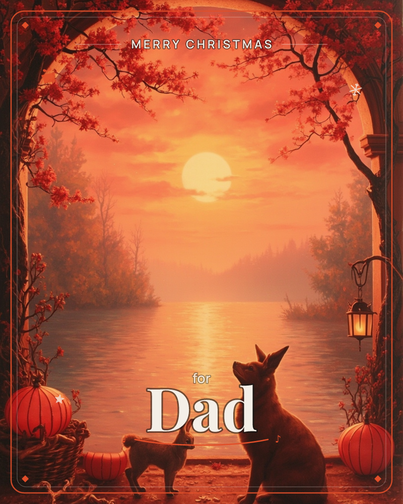 A stone archway framed with red blossoming branches opens onto a still lake at sunset, the sun a pale glowing disc reflected on the water, a christmas e-card design