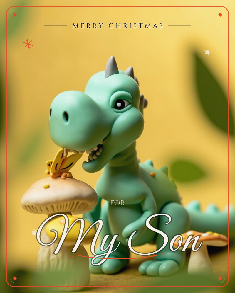 A rounded, toy-like green dinosaur figure leans down to nuzzle a small yellow butterfly perched on a mushroom cap, its stubby horns and soft claws…, a christmas e-card design