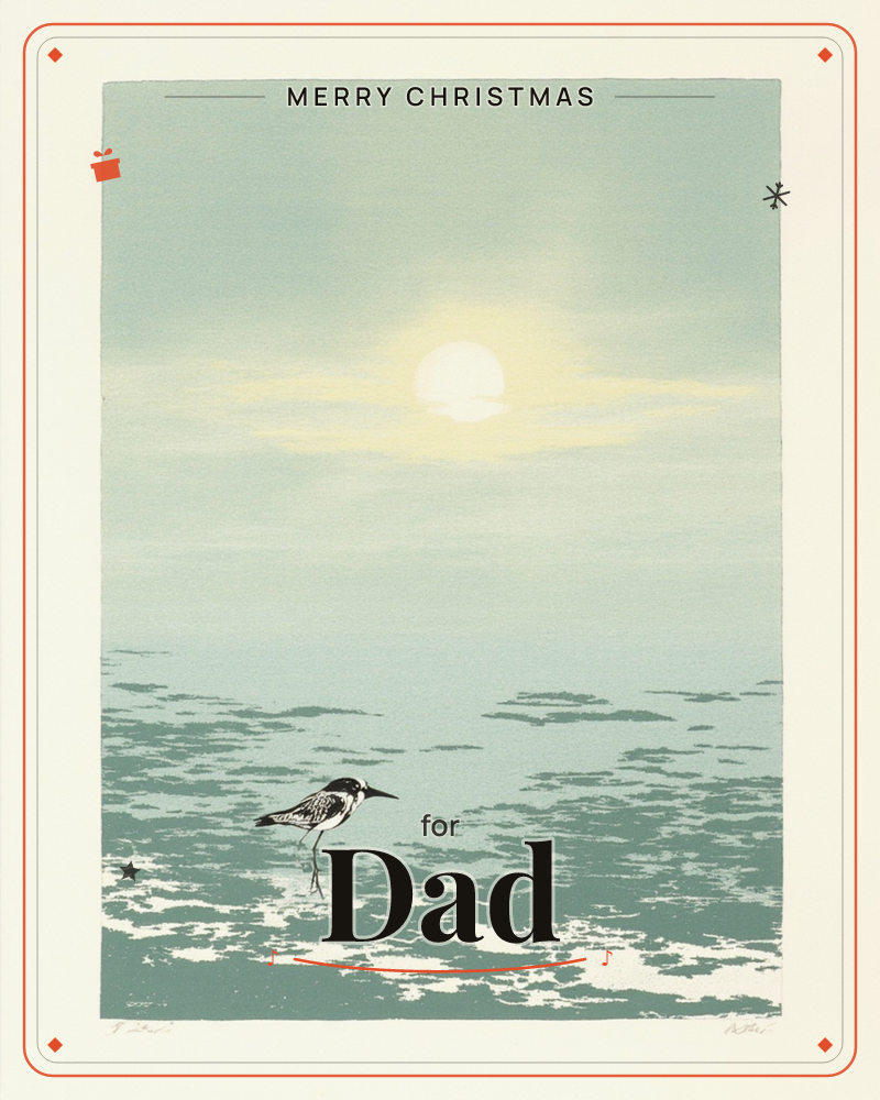 A small speckled shorebird wades alone through shallow, foam-flecked water beneath a pale hazy sun, a christmas e-card design