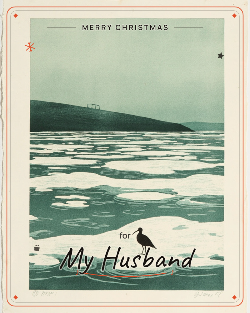 A print rendered in cool teal and cream shows a solitary long-billed shorebird standing on a raft of ice floes drifting across still water, a christmas e-card design