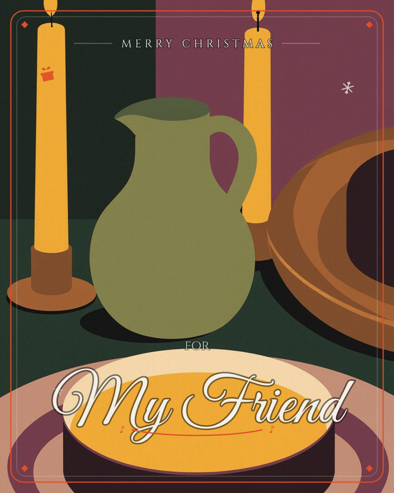 A still life table setting glows in candlelight, with a tall lit taper on the left and another glowing behind a rounded olive-green pitcher, a christmas e-card design