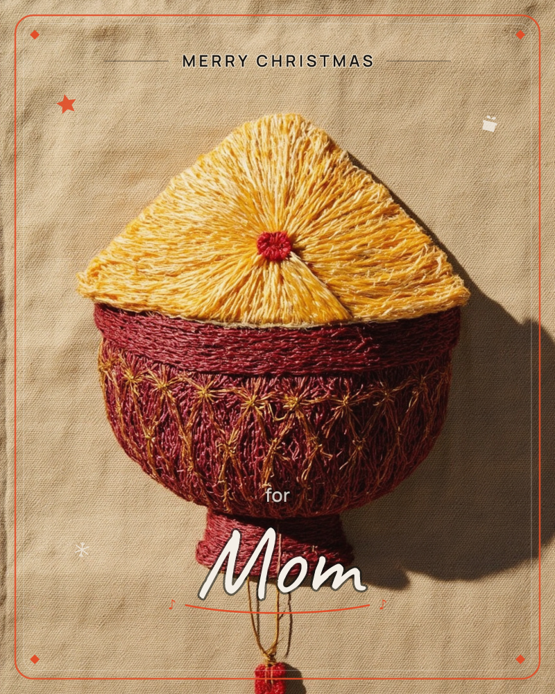 A woven thread sculpture shaped like a lidded goblet sits pinned against warm linen fabric, its deep maroon bowl covered in fine cross-stitch netting…, a christmas e-card design