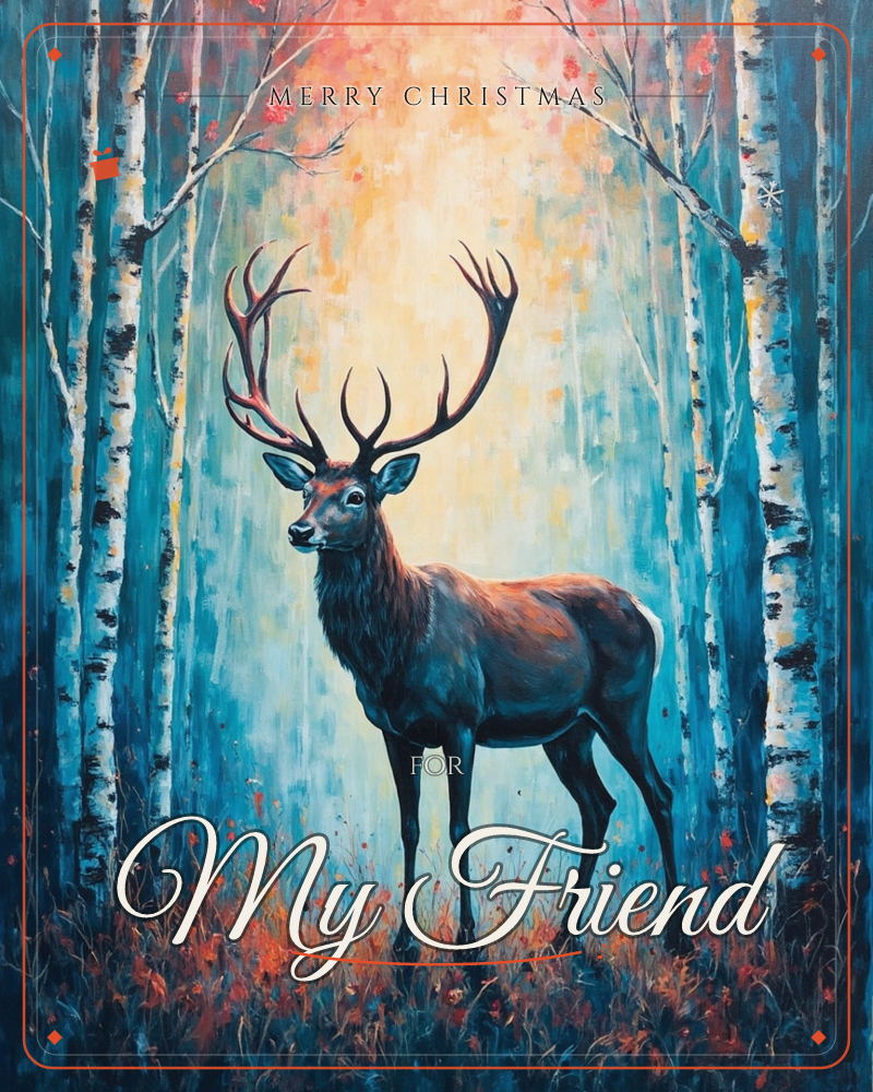 A stag with tall branching antlers stands among slender birch trunks, its coat rendered in deep amber and umber against a glowing haze of teal and gold…, a christmas e-card design