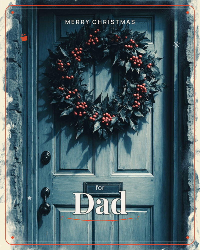 A weathered blue-grey front door, panelled and hung with a round holly wreath studded with red berries, its black knocker and letterbox catching the…, a christmas e-card design