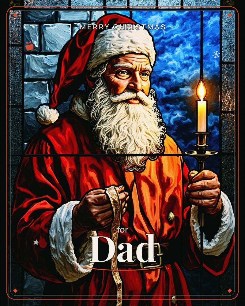 A stained-glass style window portrays Santa in his red robe and fur-trimmed hat, holding a lit candle in a brass holder against a swirling deep-blue sky, a christmas e-card design