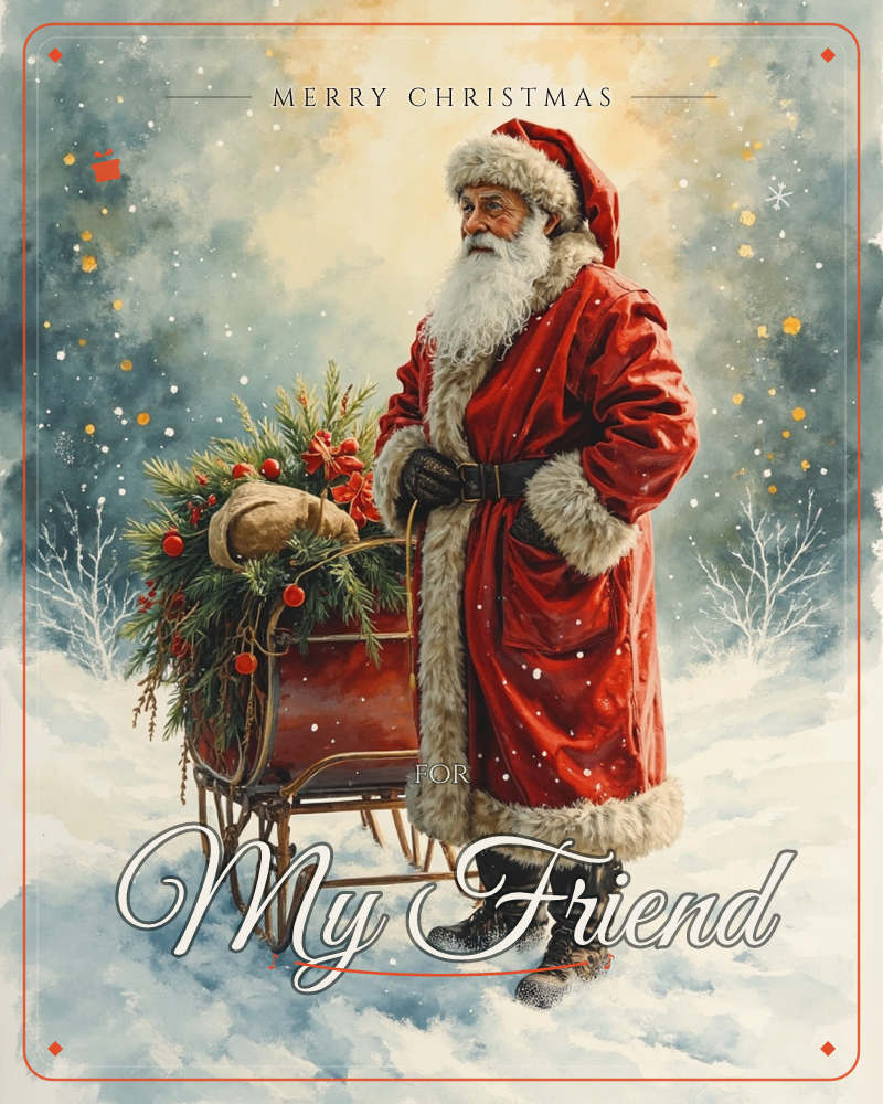 Santa stands beside an old wooden sleigh piled with evergreen branches and red berries, snow falling softly around him in a hazy blue-and-gold winter…, a christmas e-card design