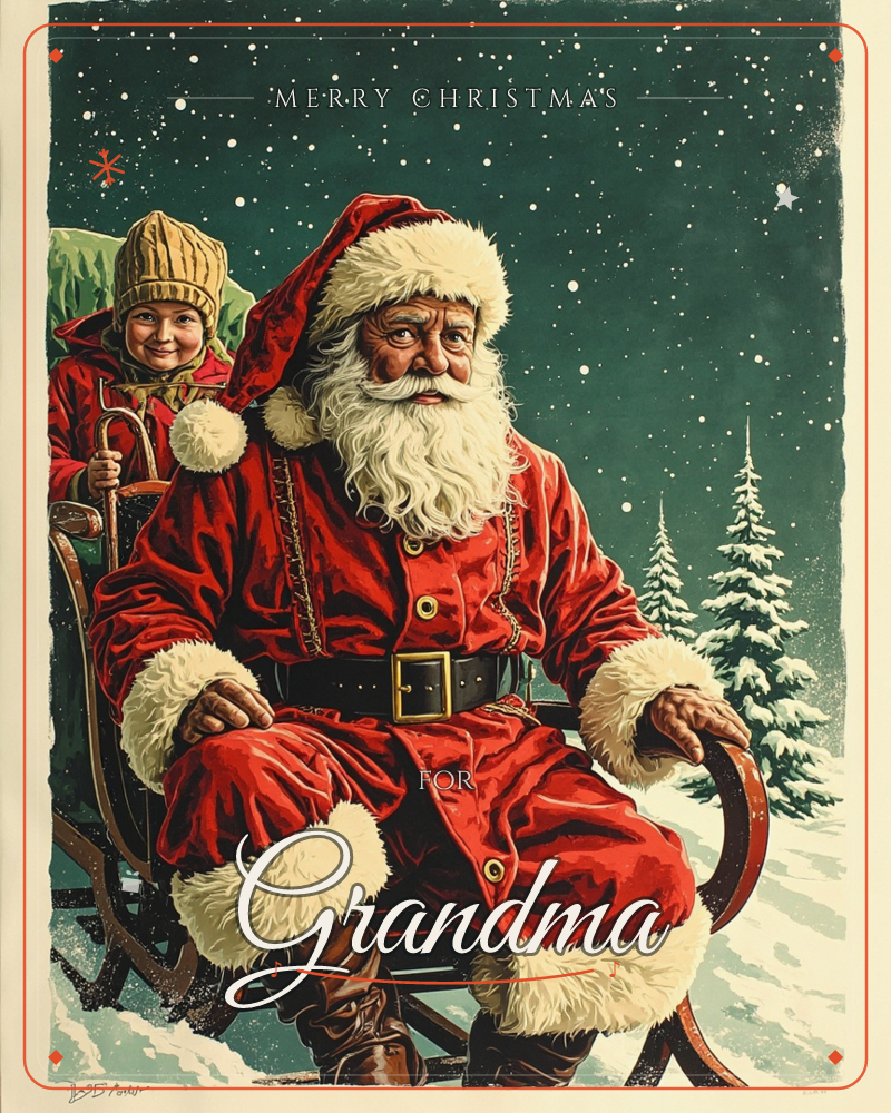 Santa Claus sits in a wooden sleigh in his classic red suit and fur-trimmed hood, his white beard bright against a deep green, snow-flecked night sky, a christmas e-card design