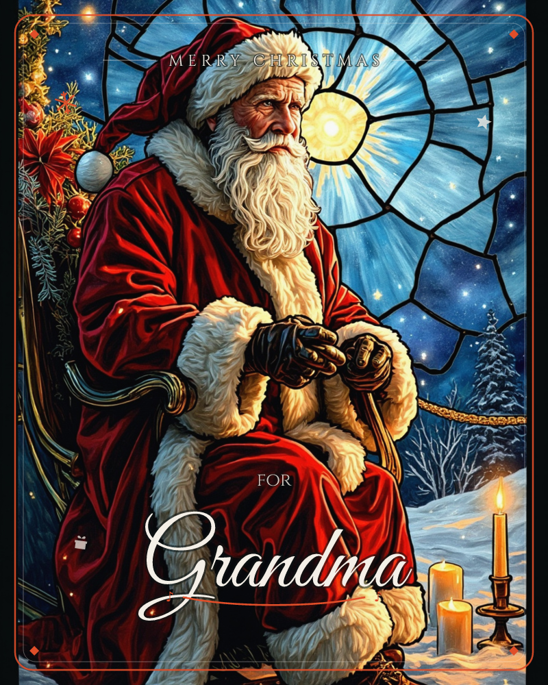 A weathered figure in a fur-trimmed red robe sits in a carved chair before a vast stained-glass window, its dark leading forming a web of frost and…, a christmas e-card design