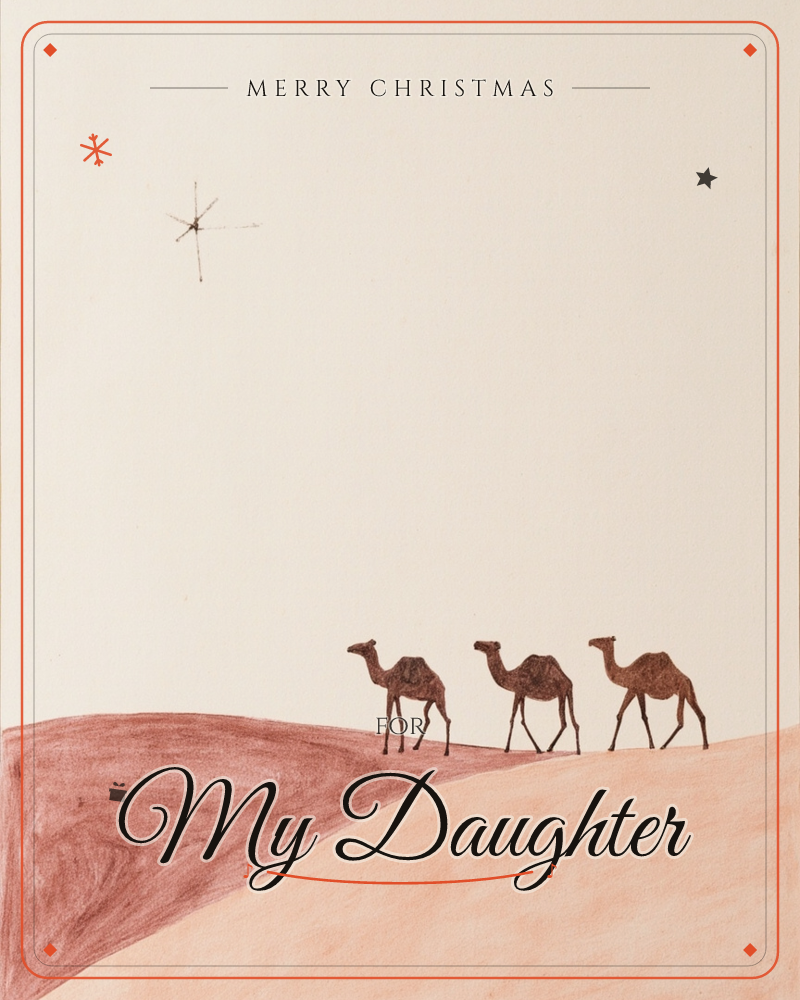 Three camels walk in a line across a rose-toned desert dune under a wide cream sky, following a sketchy, hand-drawn star hovering above, a christmas e-card design