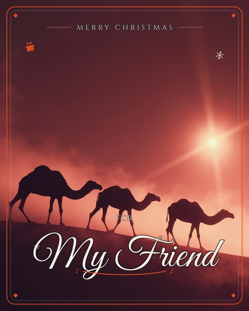 Three camels walk in single file along the crest of a dune, their shapes cut into black silhouette against a blazing red sky, a christmas e-card design