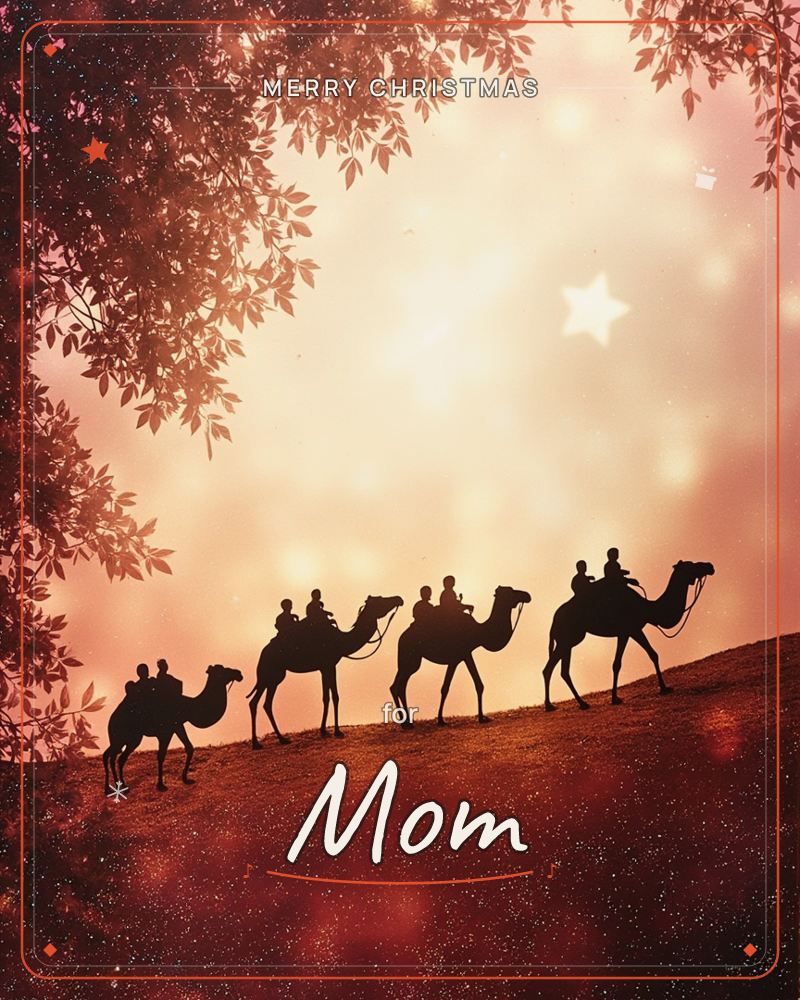 Three silhouetted camels, each carrying riders, climb a dune beneath a glowing star framed by overhanging leafy branches, a christmas e-card design