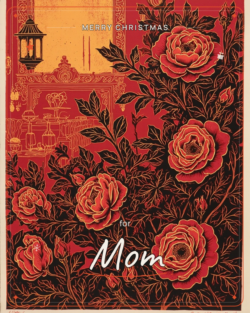 A dense cluster of full-bloomed roses climbs across the foreground in bold red and gold linework, their thorny stems tangled over a background hinting…, a christmas e-card design
