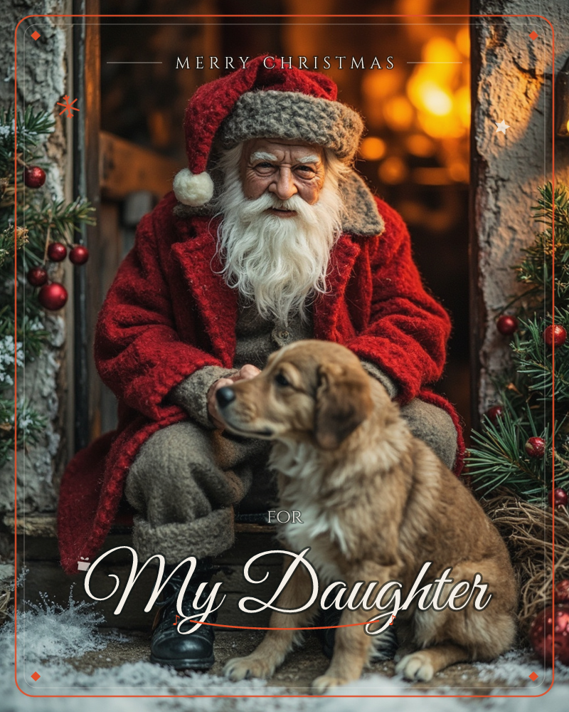 A weathered old man in a red fur-trimmed coat and knitted hat sits on a stone doorstep, gently resting his hand under a dog's chin as it looks up at him, a christmas e-card design
