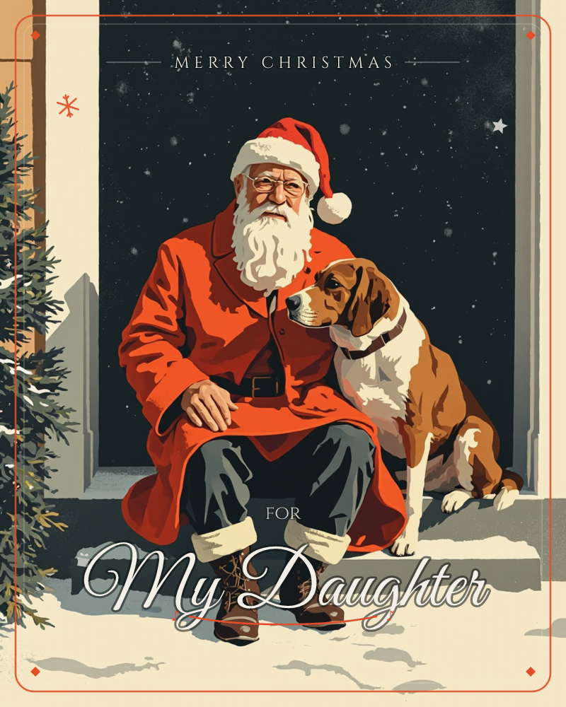 Santa sits on a snowy front step at night, his red coat glowing under a doorway light, a brown and white dog leaning against his side, a christmas e-card design