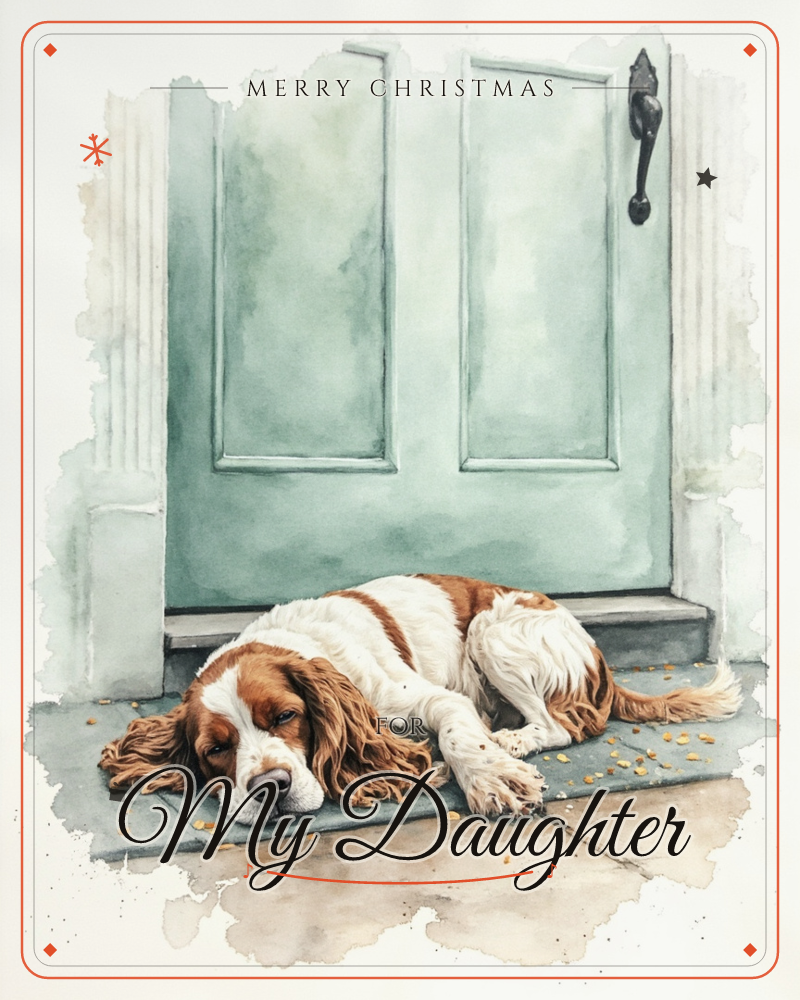 A brown-and-white spaniel lies stretched out asleep on a stone step before a soft sage-green panelled door, its ears pooling on the ground and a few…, a christmas e-card design