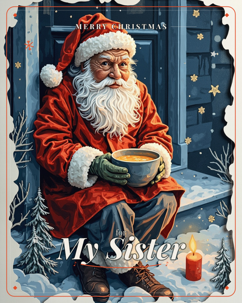 A weary Santa sits on a snowy doorstep in his red coat, cradling a warm bowl of soup in his gloved hands, with a lit candle flickering beside him and…, a christmas e-card design