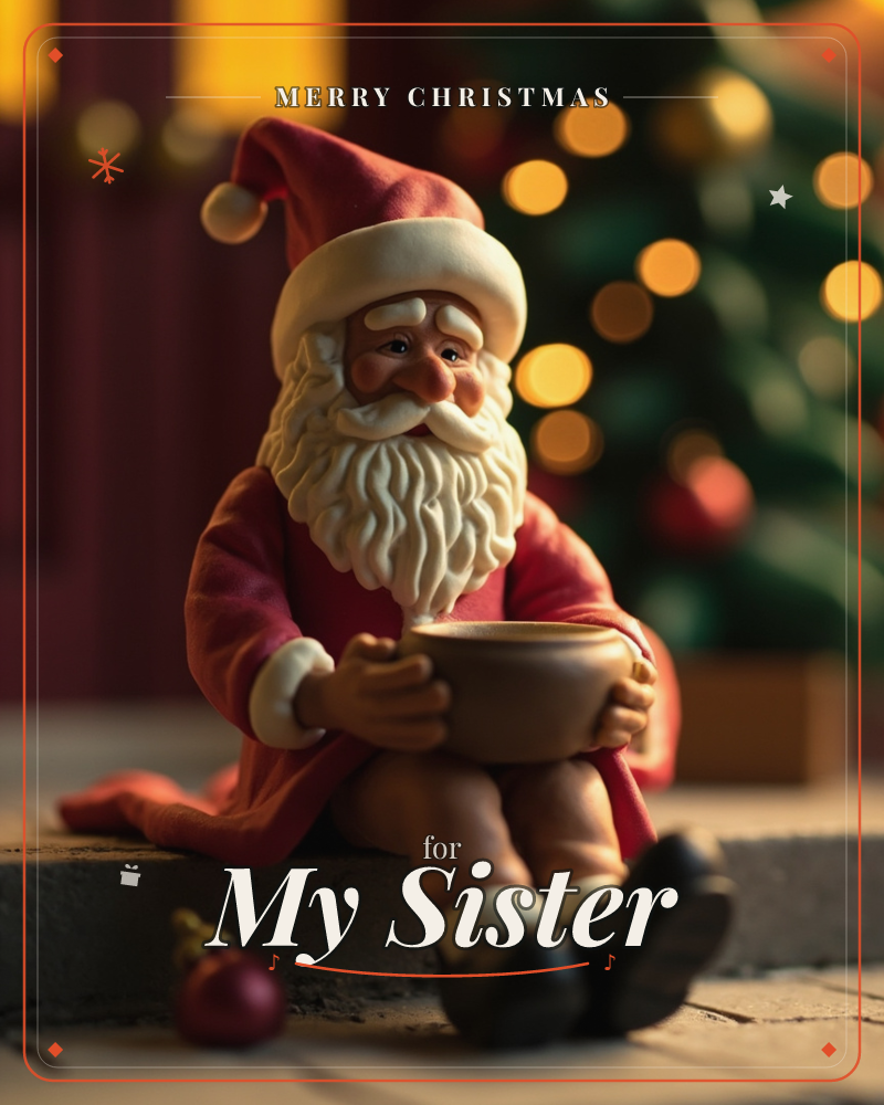 A sculpted figurine of Santa Claus sits on a stone step, cradling a small cup in his hands as if warming them, a christmas e-card design