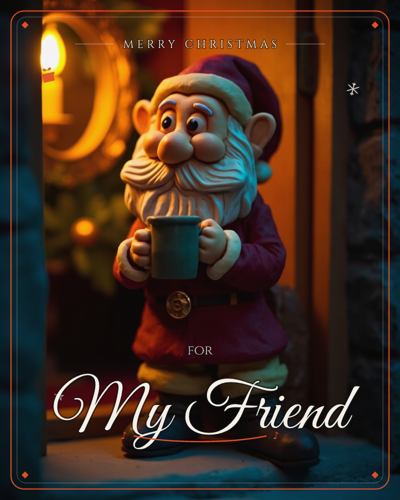 A whimsical Santa figurine with an oversized nose and bushy white beard stands on a stone doorstep, cradling a small blue mug in both hands, a christmas e-card design