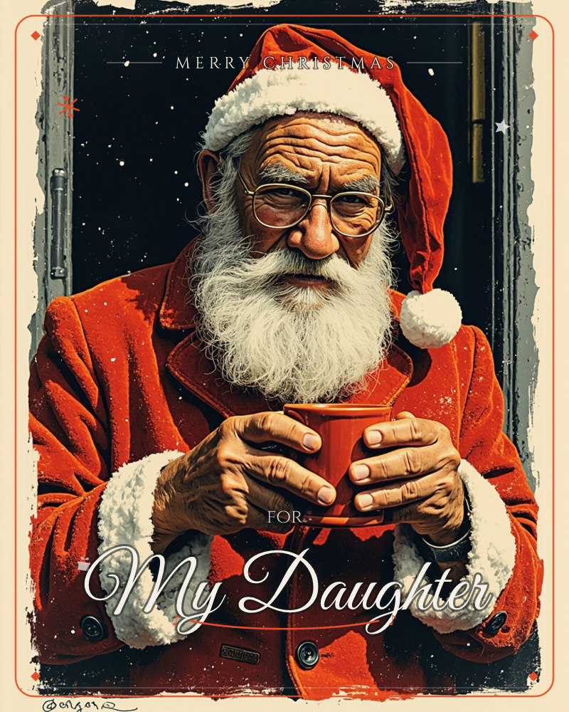 A weathered old man dressed as Santa Claus cradles a warm red mug in his wrinkled hands, his round glasses and long white beard catching the light…, a christmas e-card design