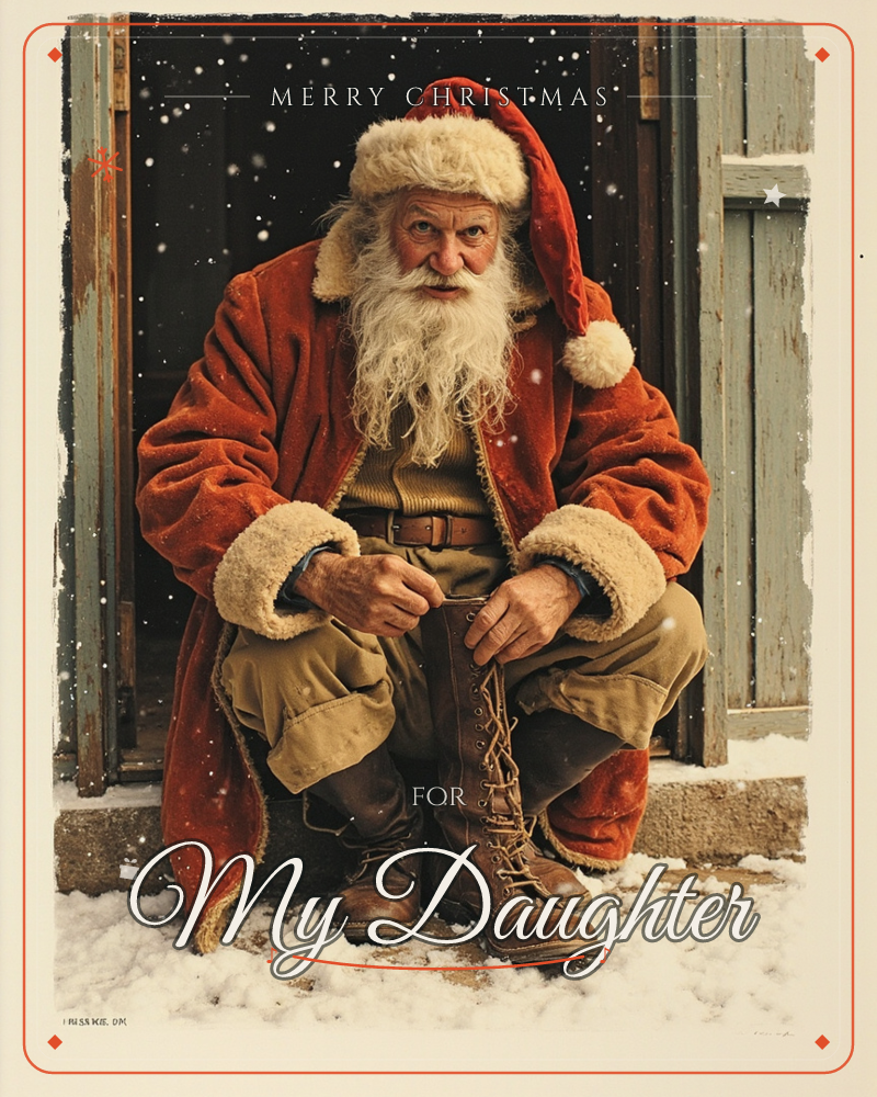 Santa kneels in a weathered wooden doorway, tying the laces of his worn leather boots as snow drifts down around him, a christmas e-card design