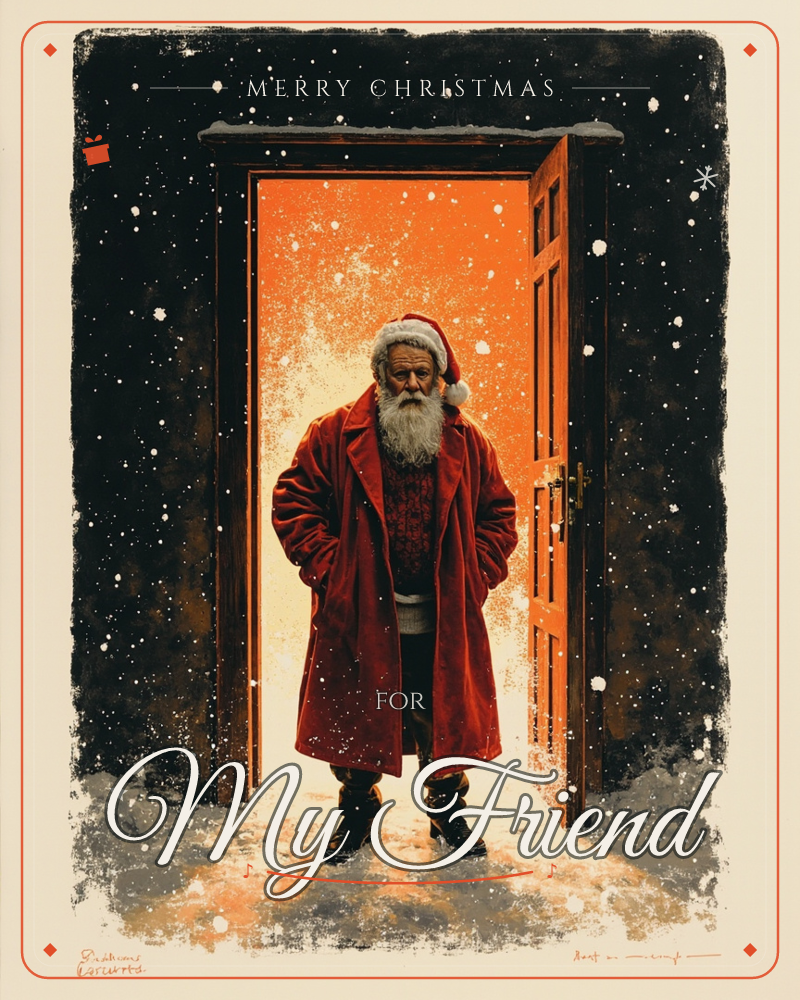 A bearded figure in a long red coat and Santa hat stands framed in an open doorway, backlit by a warm orange glow against a snowy, star-speckled black…, a christmas e-card design