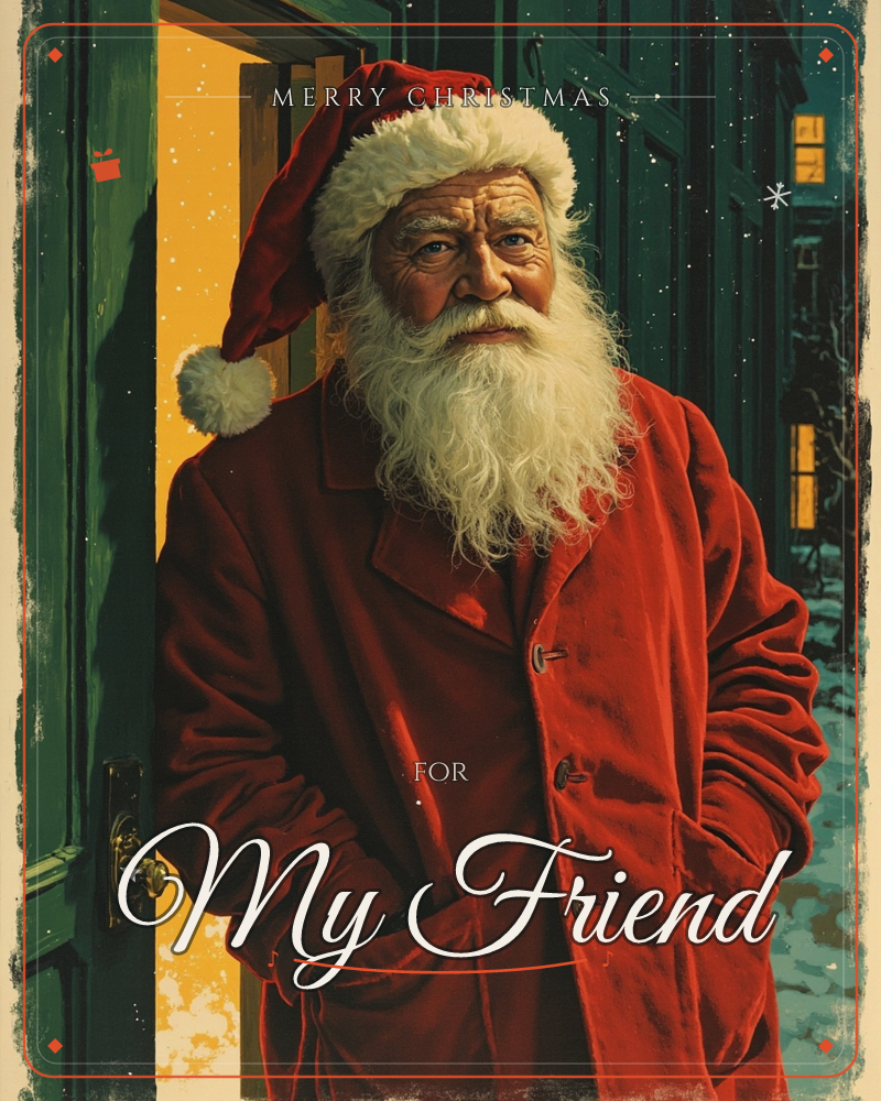 A weathered figure in a red Santa hat and heavy red coat stands framed in a dark green doorway, warm golden light spilling out behind him into the…, a christmas e-card design